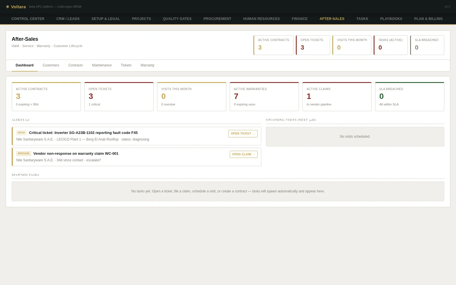 Voltara After-sales — warranty register, service tickets and maintenance visits