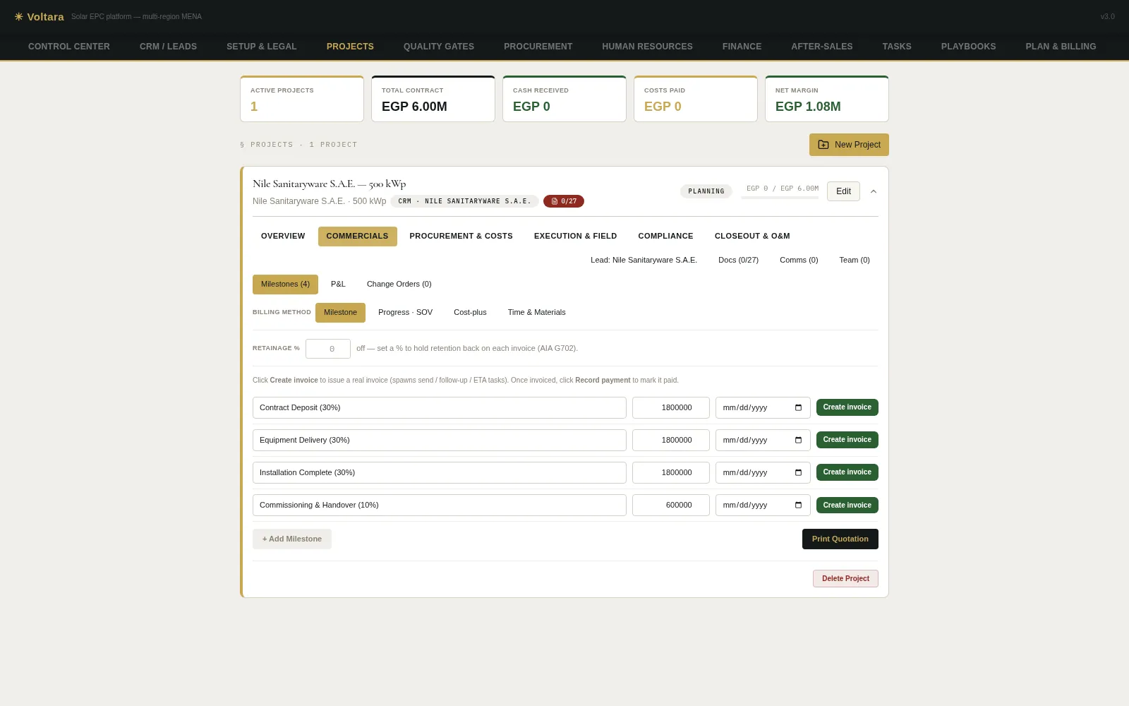 Voltara finance — billing-method selection on a project contract