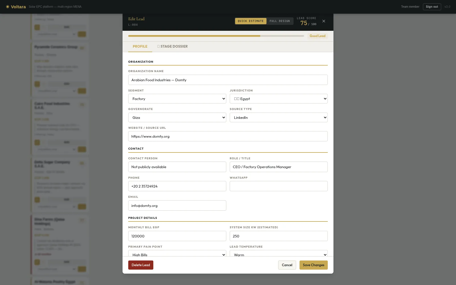 Voltara CRM — lead detail dossier with stage-organised structured fields