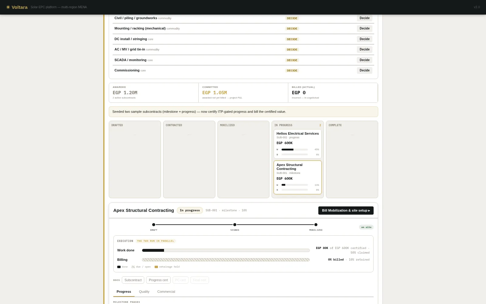 Voltara procurement — Packages master-detail lifecycle board with register and document rail